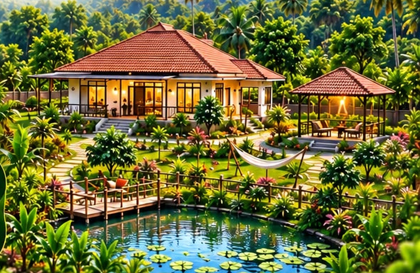 Lush farm villa concept with garden, pond and gazebo